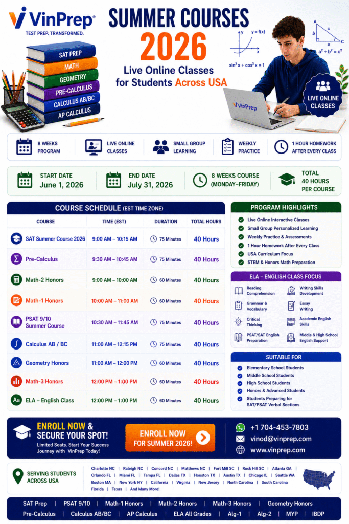 VinPrep Summer Online Courses Schedule 2026 V