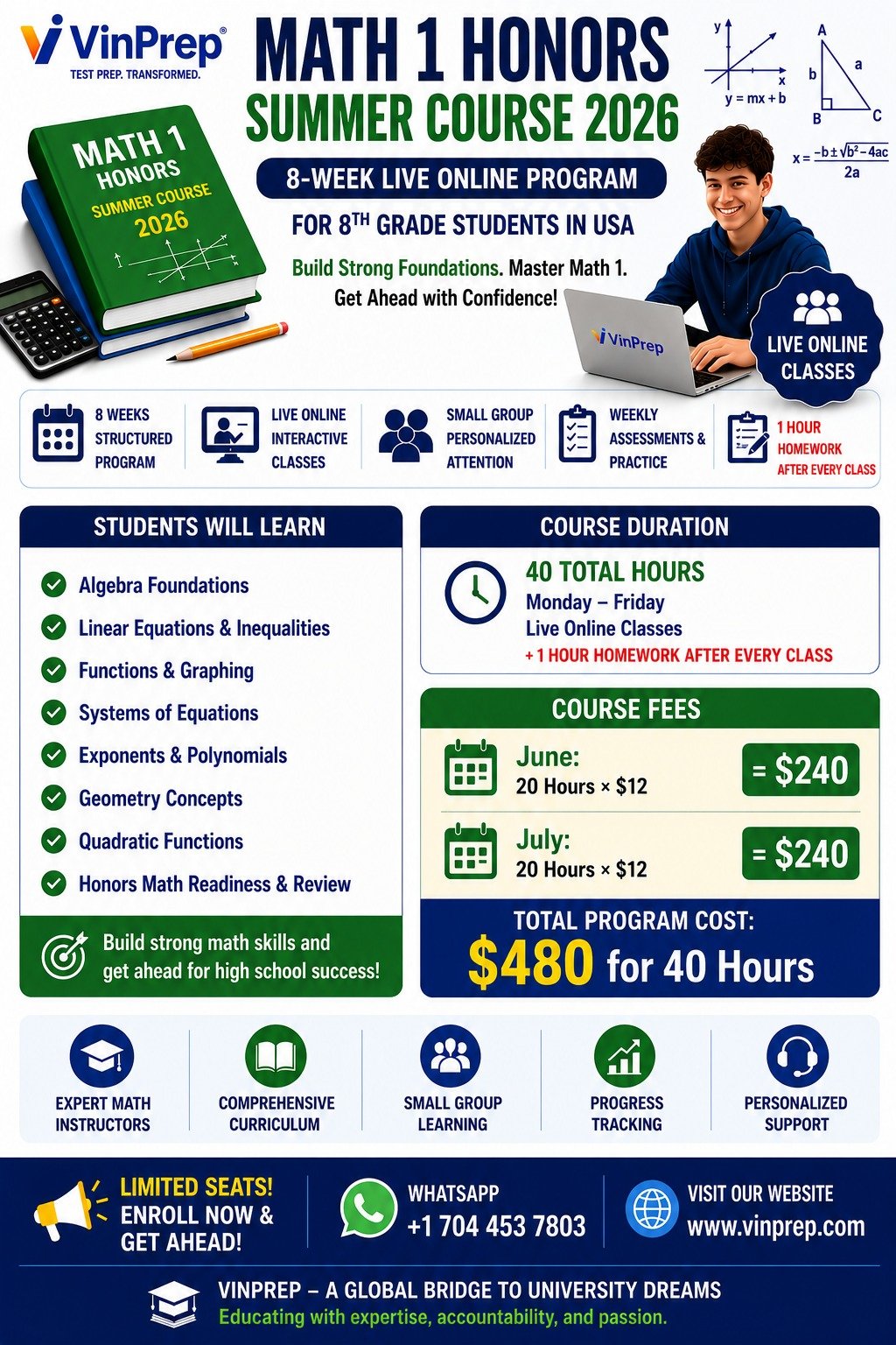 Math Course 1 Math 1 Honors Summer Course 2026 | Online Math-1 Classes USA